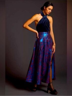 ANTHROPOLOGIE MAEVE PLEATED SHIMMER MAXI SKIRT BLUE RED